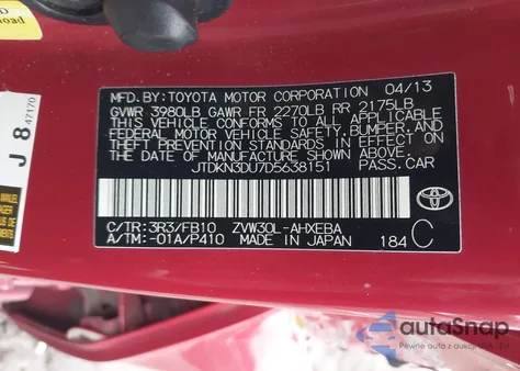 2013 Toyota Prius Three z USA, uszkodzony, nr VIN JTDKN3DU7D5638151